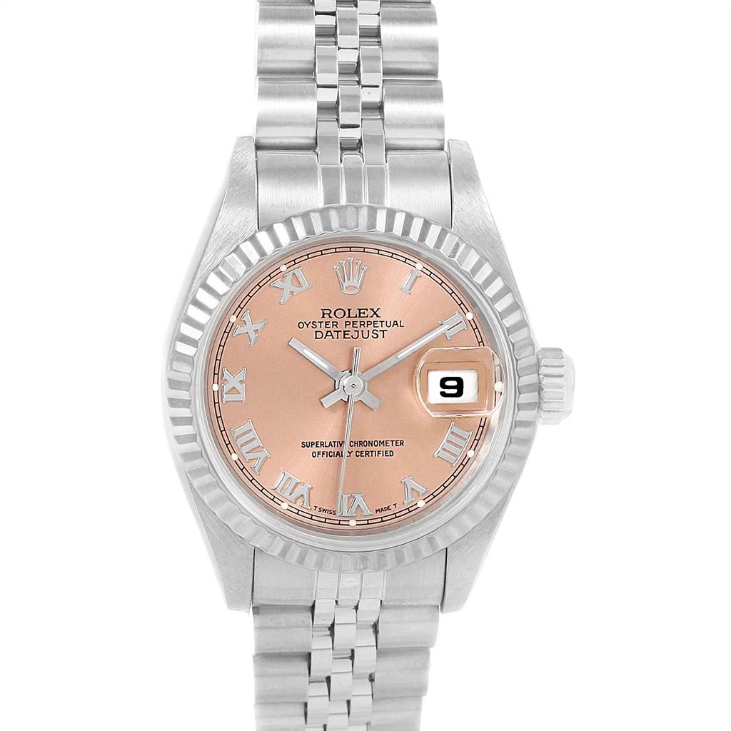 This image shows a Rolex Datejust 69174 Women's Stainless Steel Pink Dial 69174 Women's Stainless Steel Pink Dial watch from a front angle, highlighting the dial, bezel, crown, and bracelet.