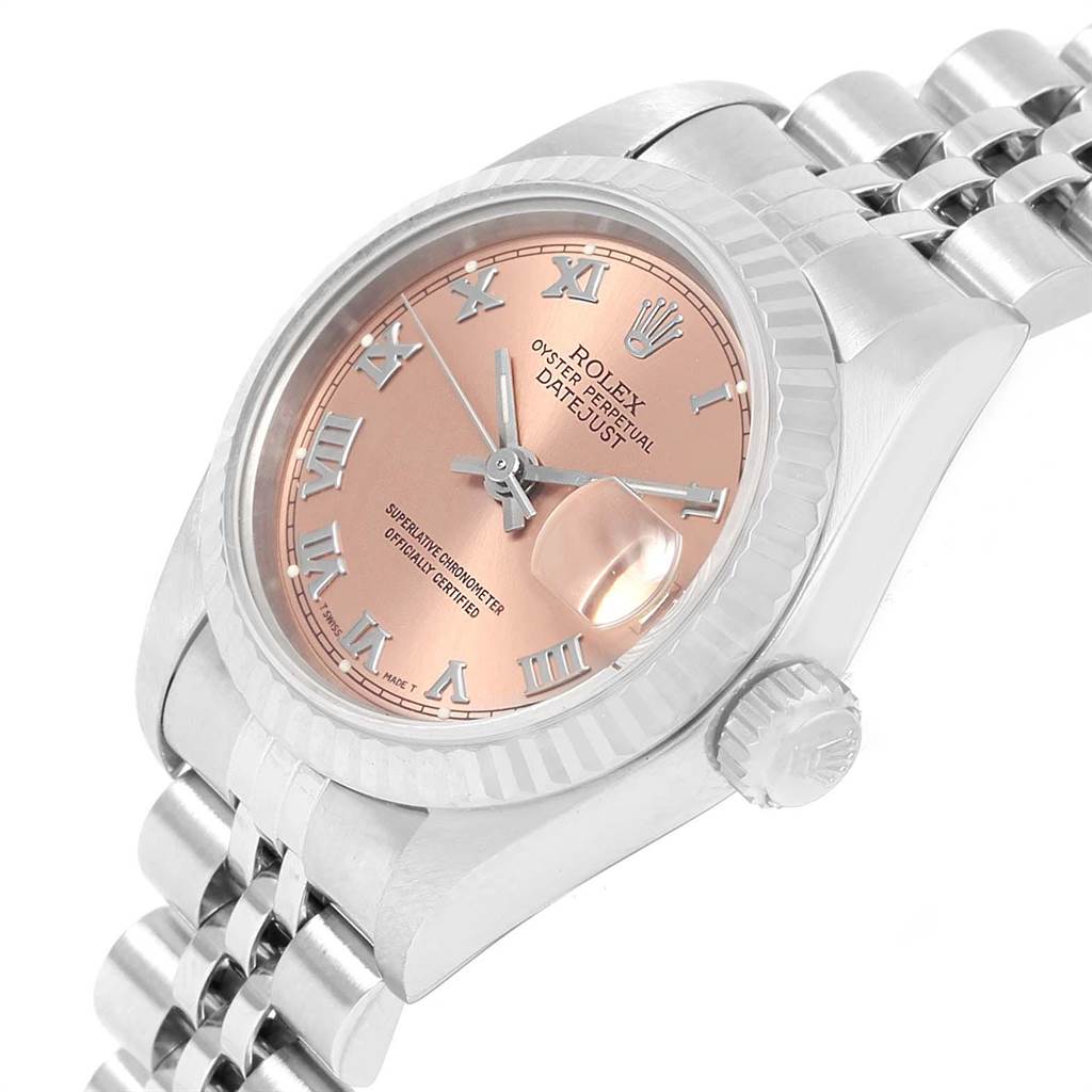 This Rolex Datejust 69174 Women's Stainless Steel Pink Dial 69174 Women's Stainless Steel Pink Dial watch is shown at a slight angle, highlighting the dial, bezel, crown, and part of the bracelet.