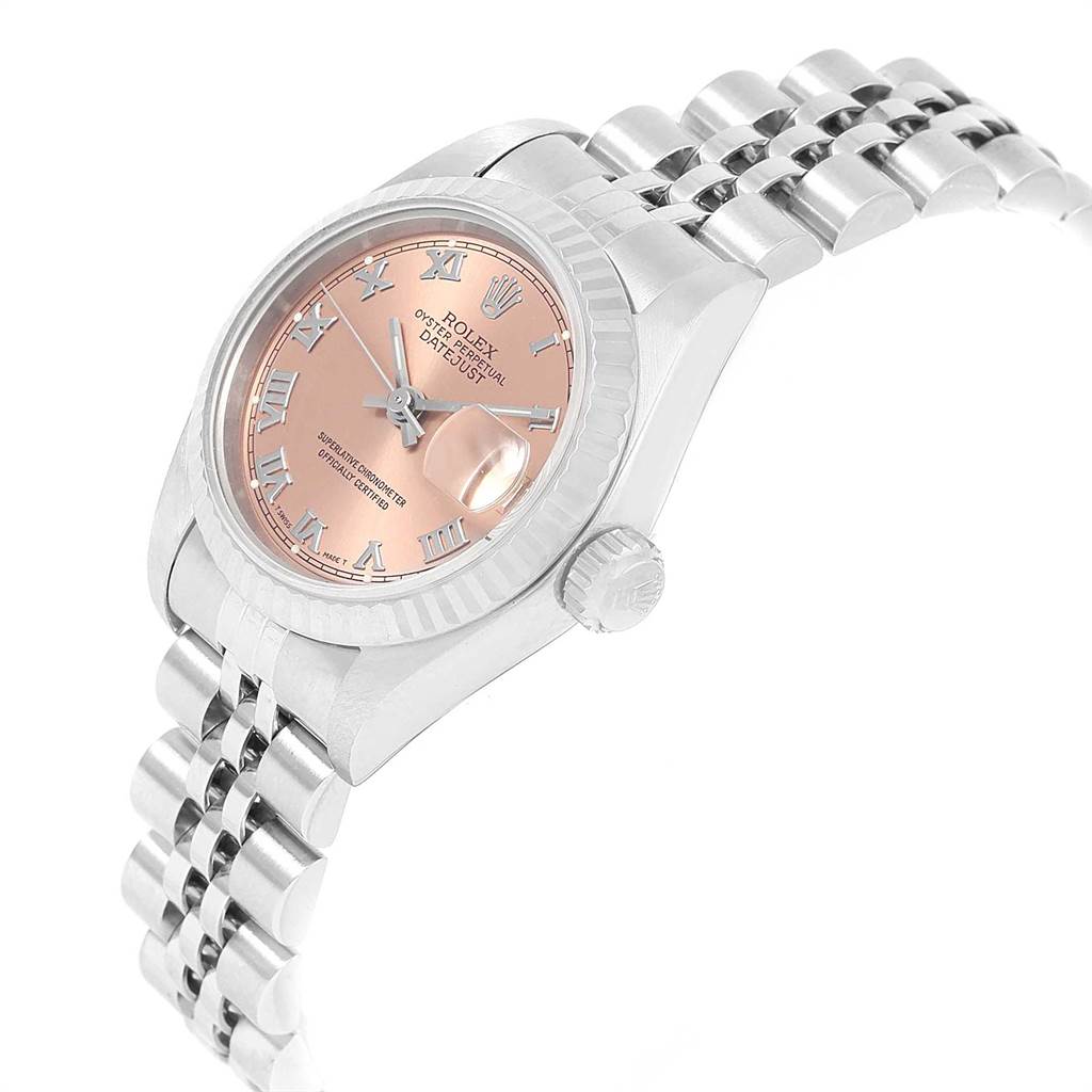 This Rolex Datejust 69174 Women's Stainless Steel Pink Dial 69174 Women's Stainless Steel Pink Dial watch is shown from an angled view, highlighting the bezel, crown, dial, and part of the bracelet.