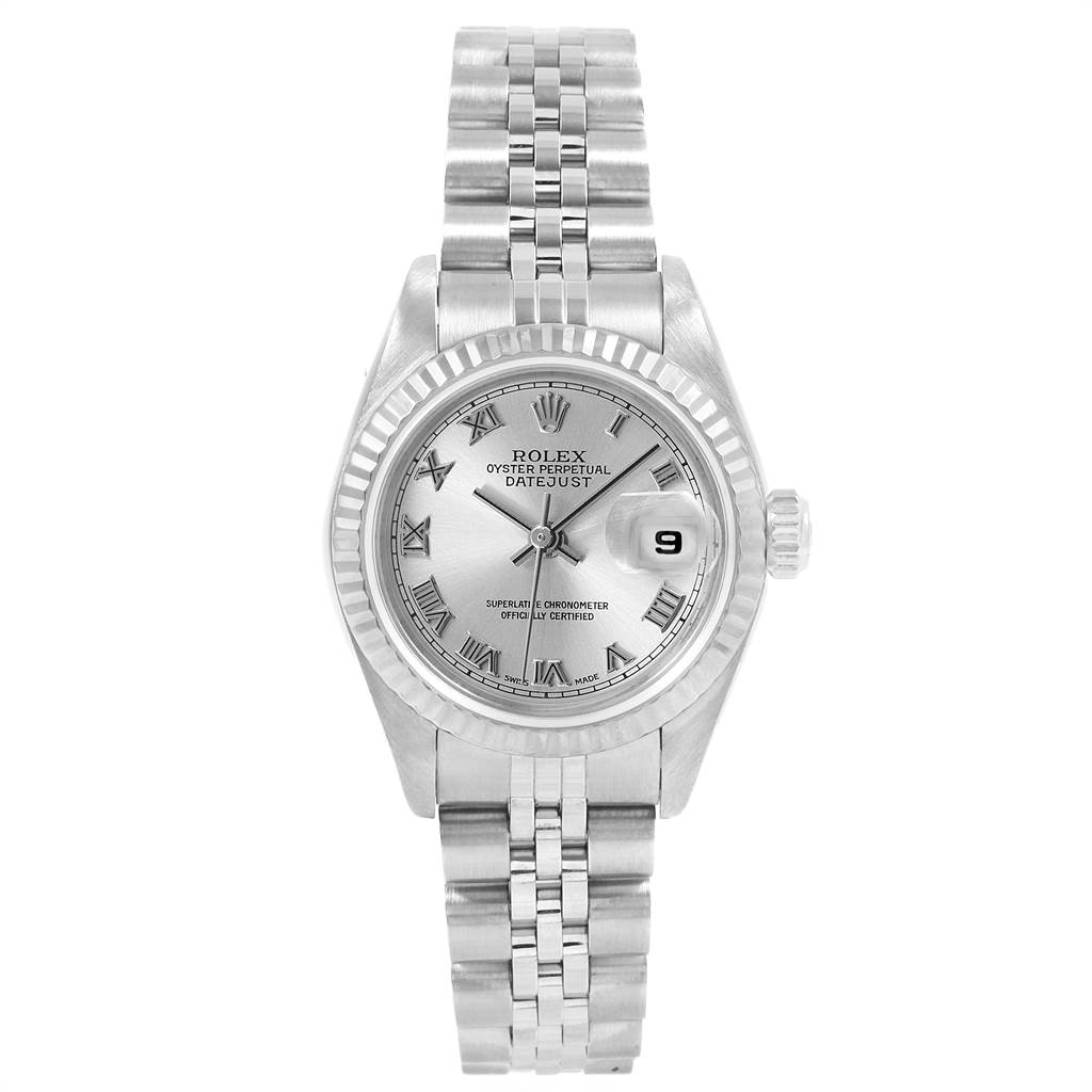The image shows a front view of a Rolex Datejust 79174 Women's Stainless Steel Silver Dial 79174 Women's Stainless Steel Silver Dial watch, highlighting the dial, bezel, and bracelet.