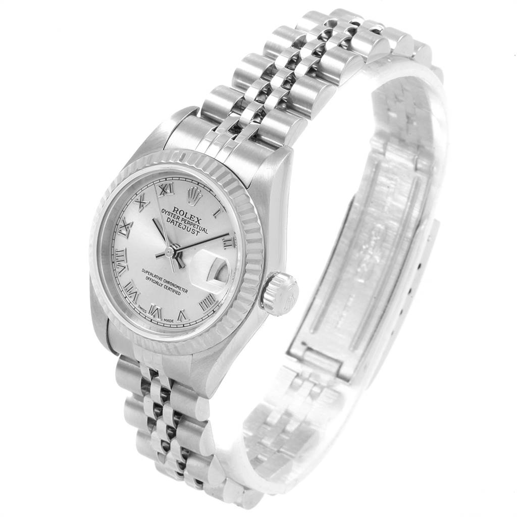 The image shows a Rolex Datejust 79174 Women's Stainless Steel Silver Dial 79174 Women's Stainless Steel Silver Dial watch at a slight angle, highlighting the dial, bezel, crown, and Jubilee bracelet.