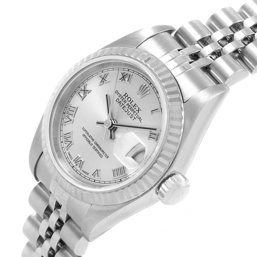 This image shows a close-up of the face, bezel, crown, and bracelet of a Rolex Datejust 79174 Women's Stainless Steel Silver Dial 79174 Women's Stainless Steel Silver Dial watch.