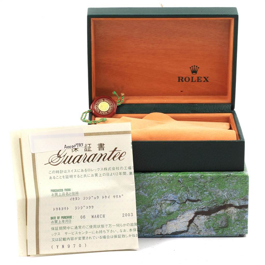 The image shows an open box, guarantee card, and wax seal for the Rolex Datejust 79174 Women's Stainless Steel Silver Dial 79174 Women's Stainless Steel Silver Dial model.