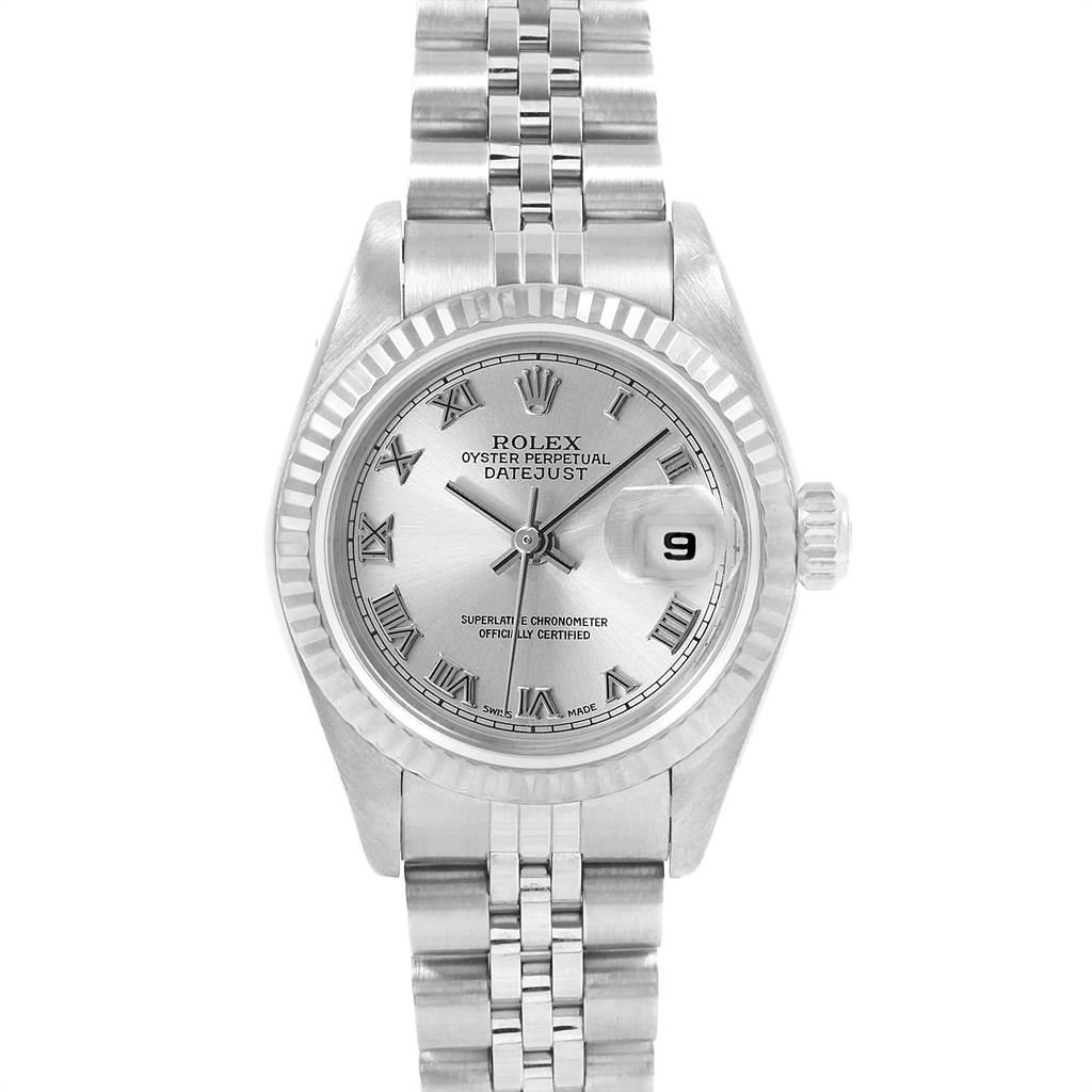 This image shows a front view of the Rolex Datejust 79174 Women's Stainless Steel Silver Dial 79174 Women's Stainless Steel Silver Dial watch, highlighting the face, bezel, and part of the bracelet.
