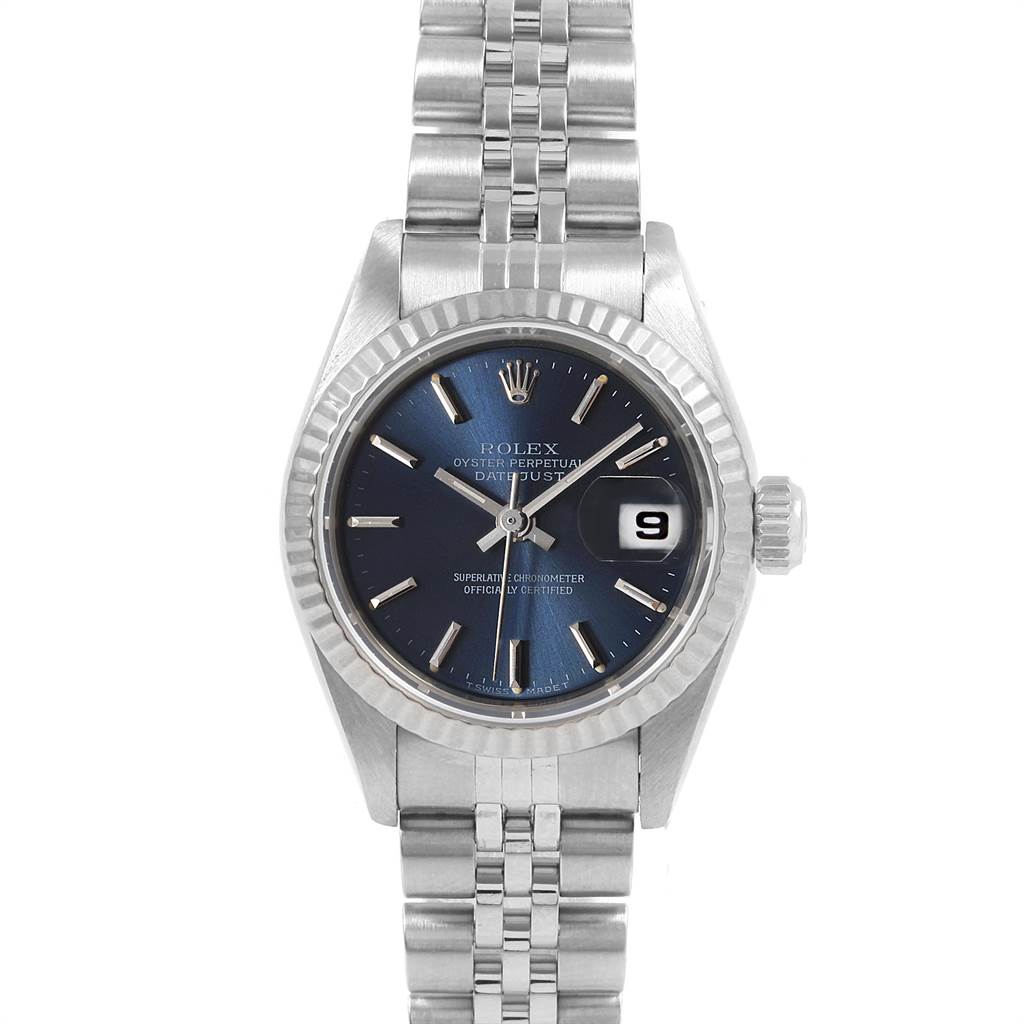 This image shows a front view of a Rolex Datejust 69174 Women
s Stainless Steel Blue Dial 69174 Women
s Stainless Steel Blue Dial, displaying the dial, date window, bezel, crown, and bracelet.
