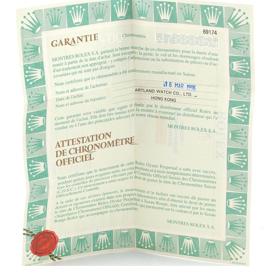 This image shows a warranty certificate for a Rolex Datejust 69174 Women
s Stainless Steel Blue Dial 69174 Women
s Stainless Steel Blue Dial watch, dated March 1995.