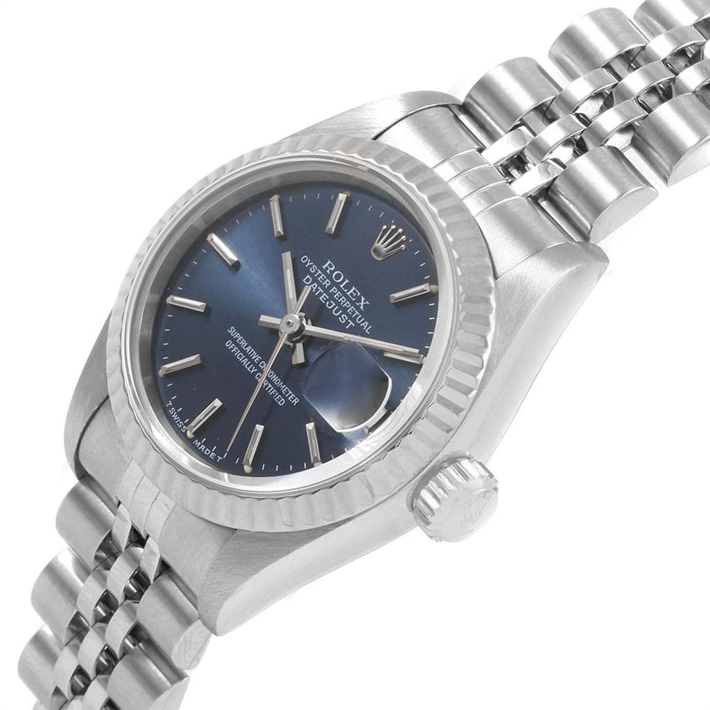 This image shows a Rolex Datejust 69174 Women
s Stainless Steel Blue Dial 69174 Women
s Stainless Steel Blue Dial watch featuring the bezel, crown, dial, and linked bracelet at an angled view.
