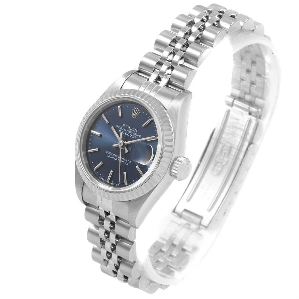 The image shows the Rolex Datejust 69174 Women
s Stainless Steel Blue Dial 69174 Women
s Stainless Steel Blue Dial watch at a slight angle, highlighting the face, bezel, and stainless steel bracelet.