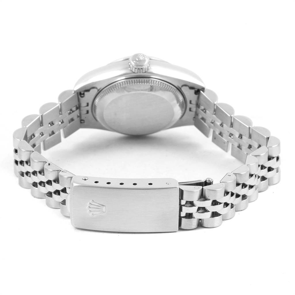 This image shows the back view of a Rolex Datejust 69174 Women
s Stainless Steel Blue Dial 69174 Women
s Stainless Steel Blue Dial watch, highlighting the case back, crown, and bracelet with the clasp logo.