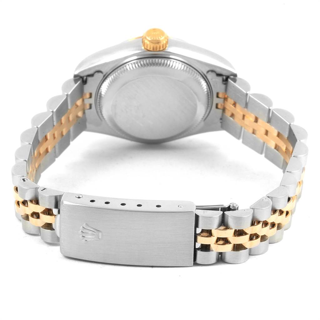 The image shows the back view of a Rolex Datejust 79173 Women's Stainless Steel Champagne Dial 79173 Women's Stainless Steel Champagne Dial watch, highlighting its two-tone bracelet and clasp.