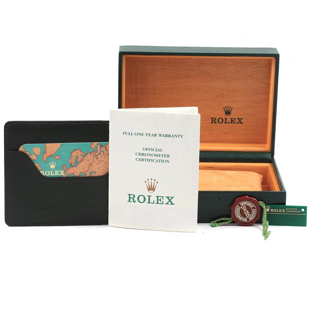 The image shows a Rolex Datejust 79173 Women's Stainless Steel Champagne Dial 79173 Women's Stainless Steel Champagne Dial watch box, warranty card, chronometer certification, cardholder, and tag.