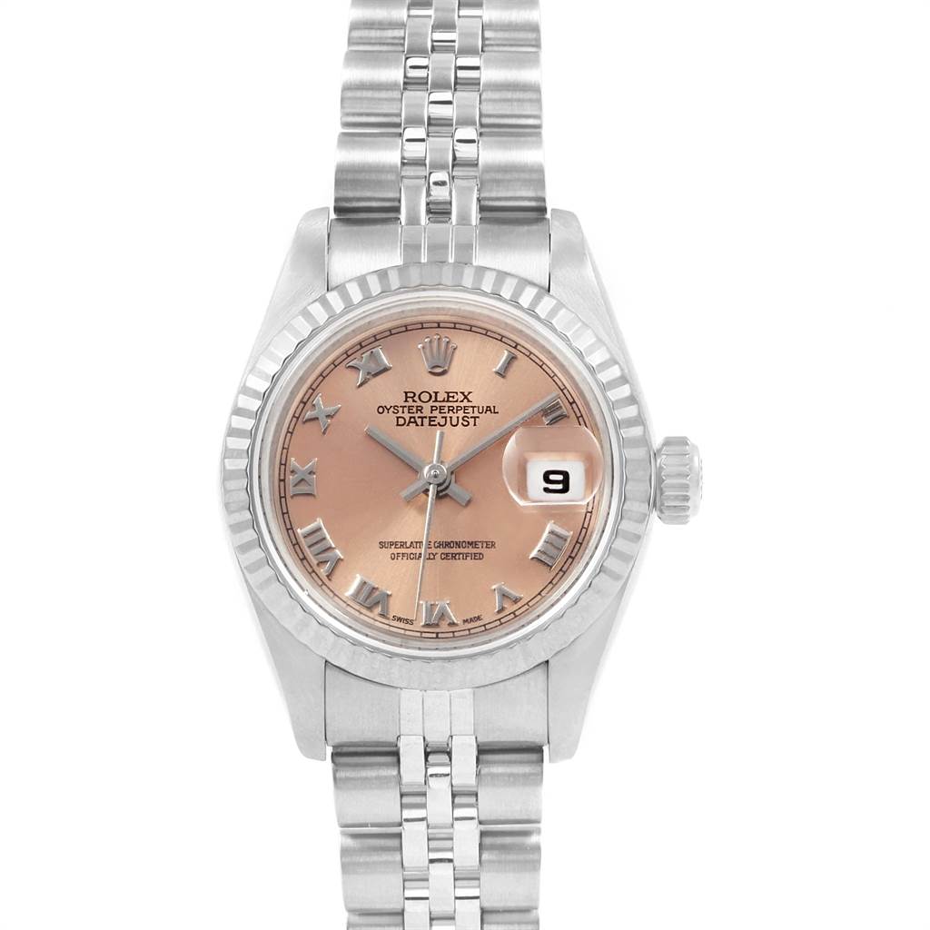 This image shows a front view of a Rolex Datejust 79174 Women
s Stainless Steel Pink Dial 79174 Women
s Stainless Steel Pink Dial watch, highlighting the dial, bezel, bracelet, and date display.