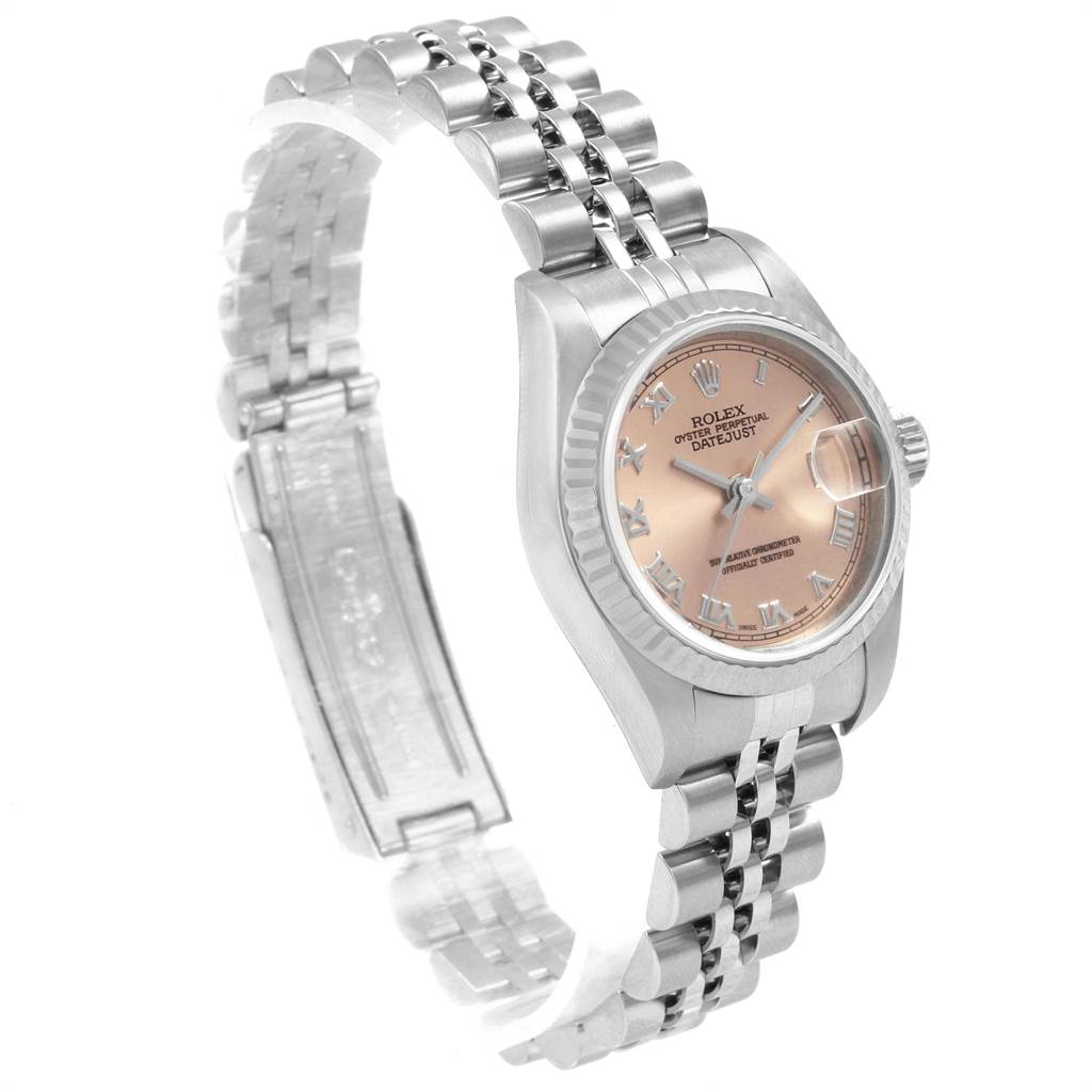 The Rolex Datejust 79174 Women
s Stainless Steel Pink Dial 79174 Women
s Stainless Steel Pink Dial watch is shown from a slightly angled side view, displaying the dial, case, and bracelet.
