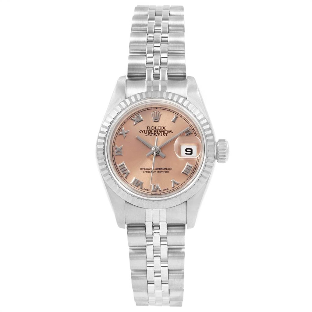 The image shows a frontal view of a Rolex Datejust 79174 Women
s Stainless Steel Pink Dial 79174 Women
s Stainless Steel Pink Dial watch, featuring the dial, bracelet, bezel, and date window.