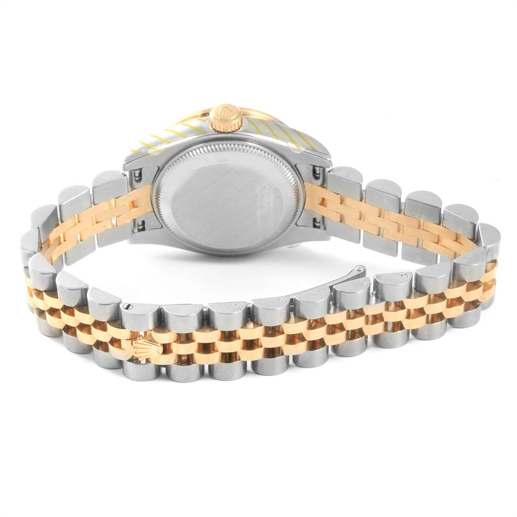 This image shows the back case and bracelet of a Rolex Datejust 179383 Women
s Steel and Gold (two tone) Silver Dial 179383 Women
s Steel and Gold (two tone) Silver Dial watch, with a mix of gold and silver links.