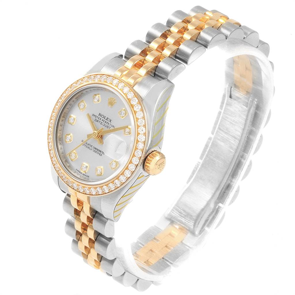 The image shows a Rolex Datejust 179383 Women
s Steel and Gold (two tone) Silver Dial 179383 Women
s Steel and Gold (two tone) Silver Dial watch from a three-quarter angle, displaying the bezel, dial, crown, and bracelet.