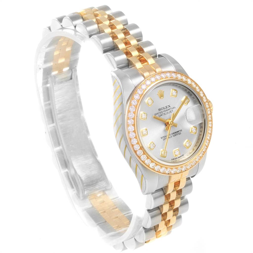 The image shows the front and part of the side of a Rolex Datejust 179383 Women
s Steel and Gold (two tone) Silver Dial 179383 Women
s Steel and Gold (two tone) Silver Dial watch, highlighting the dial, bezel, and bracelet.