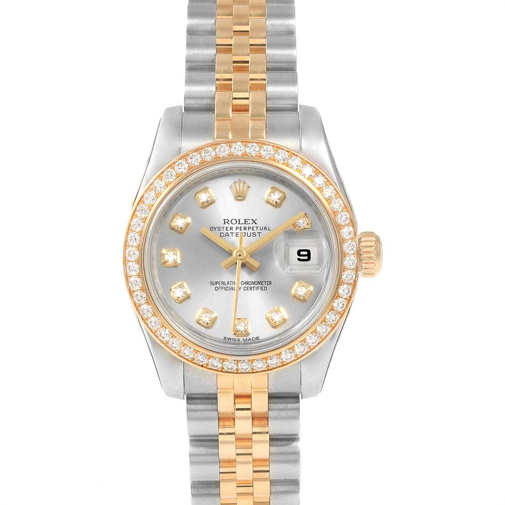 The image shows a front view of a Rolex Datejust 179383 Women
s Steel and Gold (two tone) Silver Dial 179383 Women
s Steel and Gold (two tone) Silver Dial watch, displaying its face, bezel, dial, and two-tone bracelet.