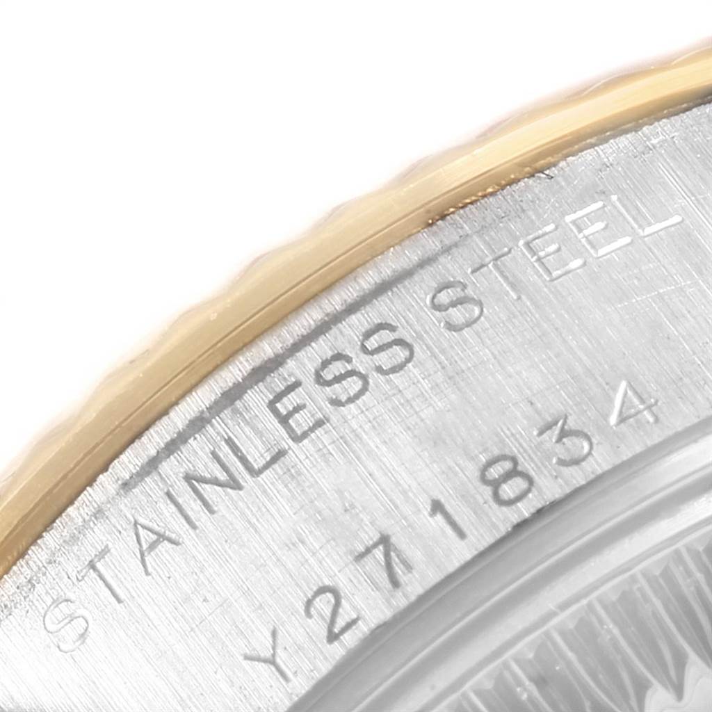 The image shows a close-up of the stainless steel case back with engraving on the Rolex Datejust 79173 Women's Steel and Gold (two tone) White Dial 79173 Women's Steel and Gold (two tone) White Dial watch.