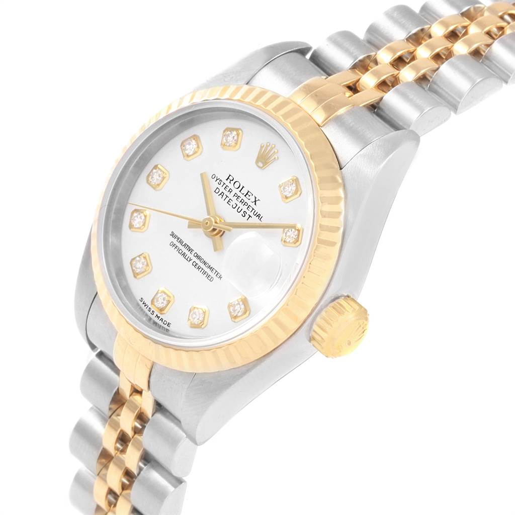The image shows a side angle of a Rolex Datejust 79173 Women's Steel and Gold (two tone) White Dial 79173 Women's Steel and Gold (two tone) White Dial watch, highlighting the bezel, crown, and part of the bracelet.