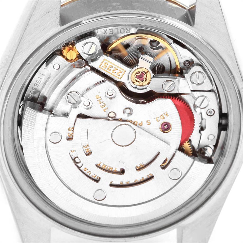 This is a close-up view of the internal mechanical movement of the Rolex Datejust 79173 Women's Steel and Gold (two tone) White Dial 79173 Women's Steel and Gold (two tone) White Dial watch.