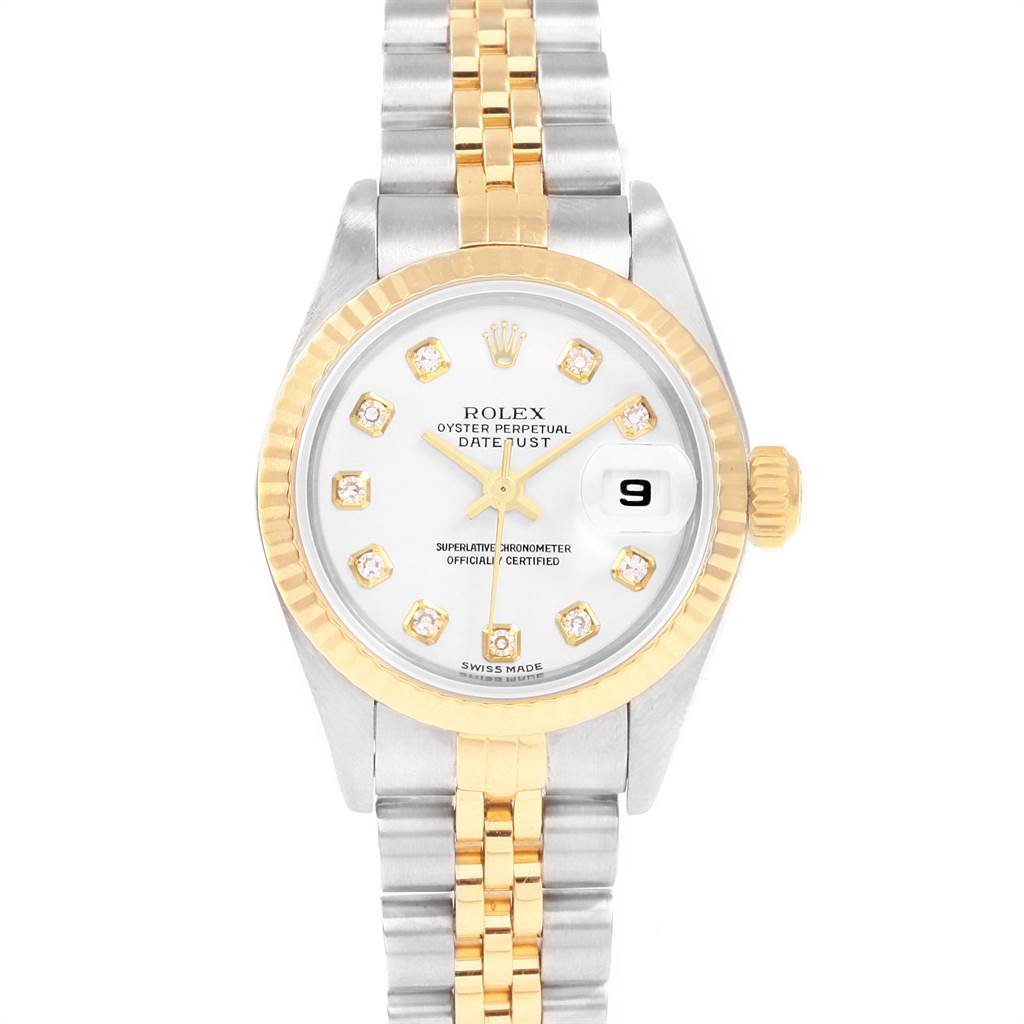 This image shows a front view of a Rolex Datejust 79173 Women's Steel and Gold (two tone) White Dial 79173 Women's Steel and Gold (two tone) White Dial watch, highlighting its dial, bezel, bracelet, and date window.
