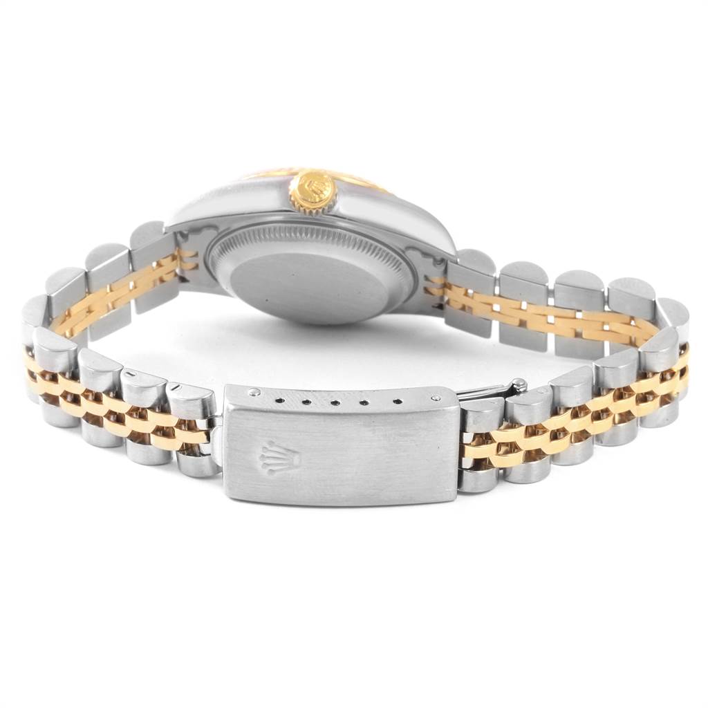 This image shows the back view and bracelet clasp of the Rolex Datejust 79173 Women's Steel and Gold (two tone) White Dial 79173 Women's Steel and Gold (two tone) White Dial watch.