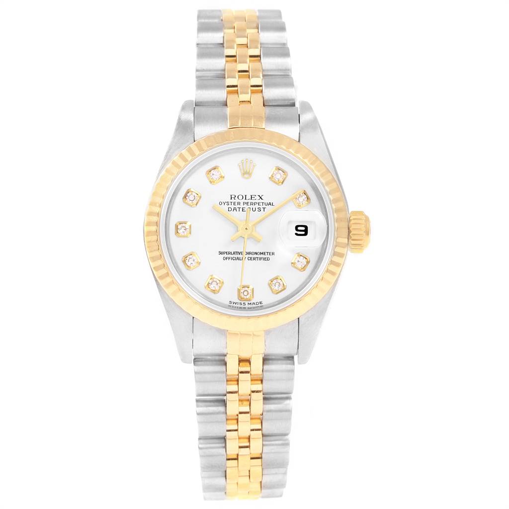 This image shows a front view of a Rolex Datejust 79173 Women's Steel and Gold (two tone) White Dial 79173 Women's Steel and Gold (two tone) White Dial watch, highlighting the dial, bezel, and two-tone bracelet.