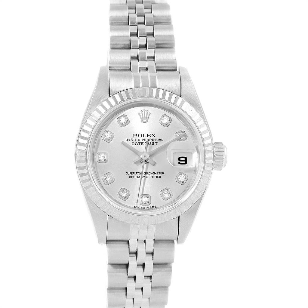 This image shows a front view of the Rolex Datejust 79174 Women
s Stainless Steel Silver Dial 79174 Women
s Stainless Steel Silver Dial watch, detailing its silver dial, fluted bezel, and Jubilee bracelet.