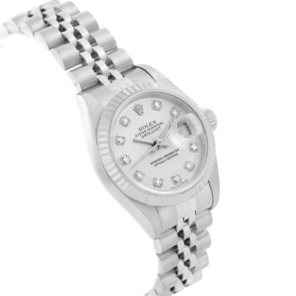 The image shows a front and side view of a Rolex Datejust 79174 Women's Stainless Steel Silver Dial 79174 Women's Stainless Steel Silver Dial watch, highlighting its face, bracelet, and crown.