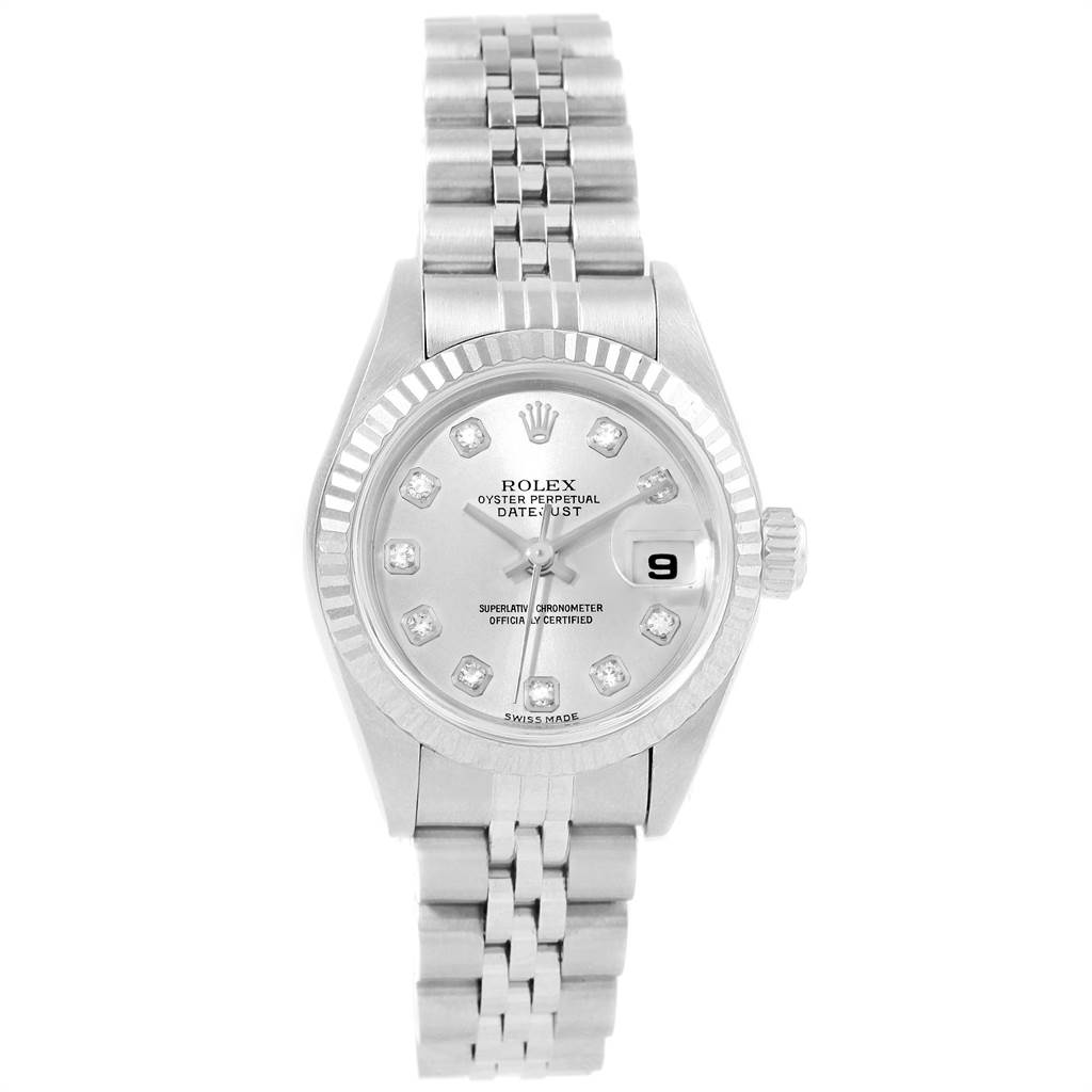 This image shows a front view of a Rolex Datejust 79174 Women's Stainless Steel Silver Dial 79174 Women's Stainless Steel Silver Dial watch, highlighting the dial, bezel, crown, and bracelet.