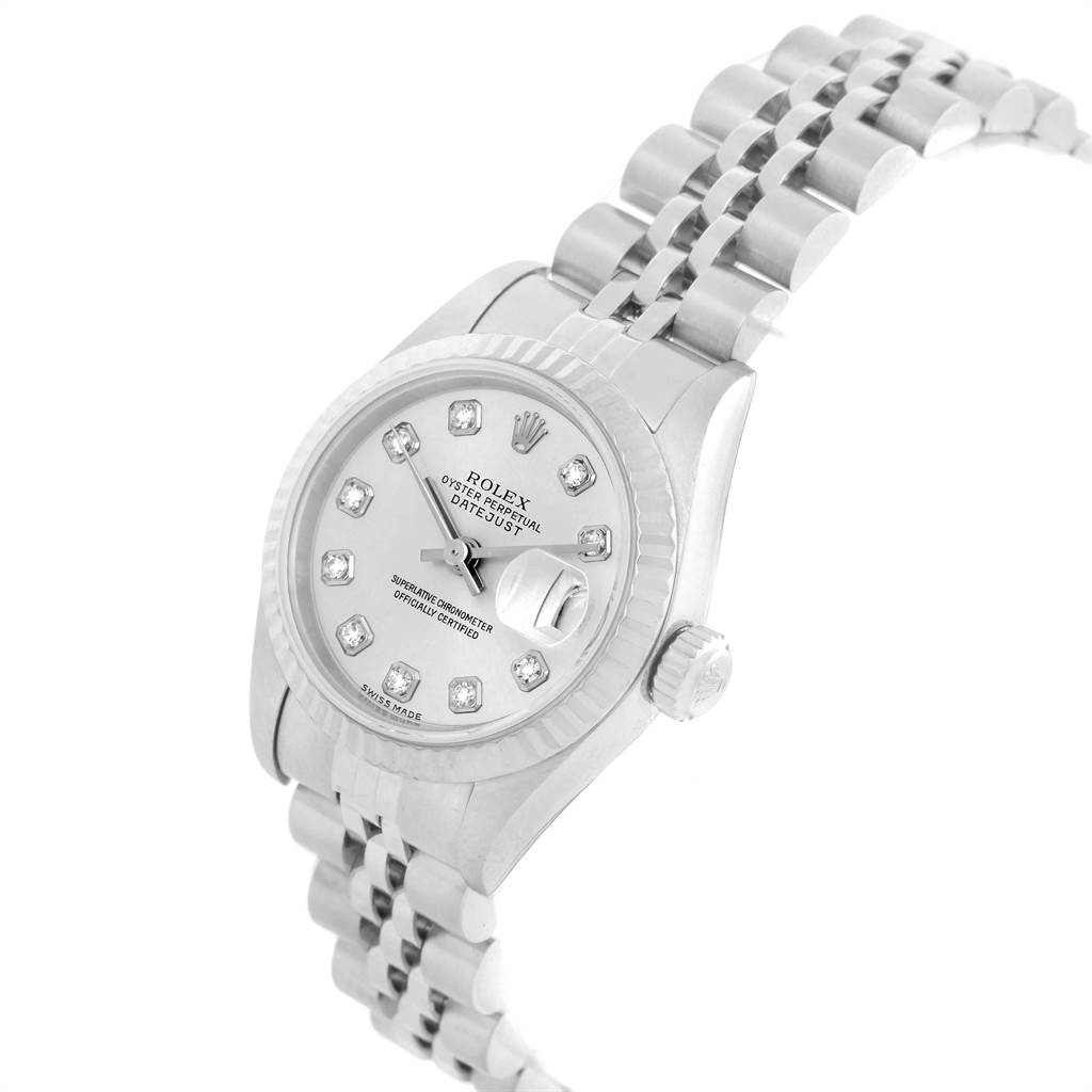 The Rolex Datejust 79174 Women's Stainless Steel Silver Dial 79174 Women's Stainless Steel Silver Dial watch is shown at an angled view highlighting the dial, bezel, crown, and bracelet.