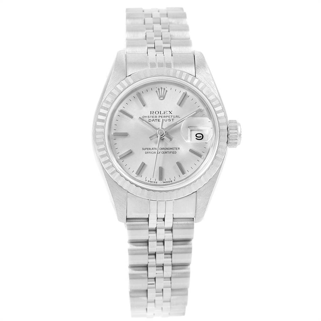 The Rolex Datejust 69174 Women
s Stainless Steel Silver Dial 69174 Women
s Stainless Steel Silver Dial watch is shown from a top-down angle, displaying its dial, fluted bezel, and Jubilee bracelet.