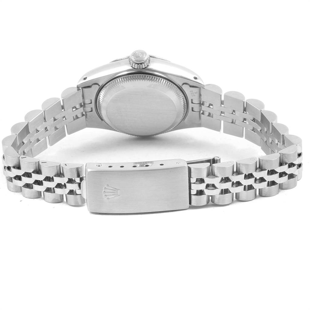 The image shows the back case and bracelet clasp of a Rolex Datejust 69174 Women
s Stainless Steel Silver Dial 69174 Women
s Stainless Steel Silver Dial watch from a rear angle.