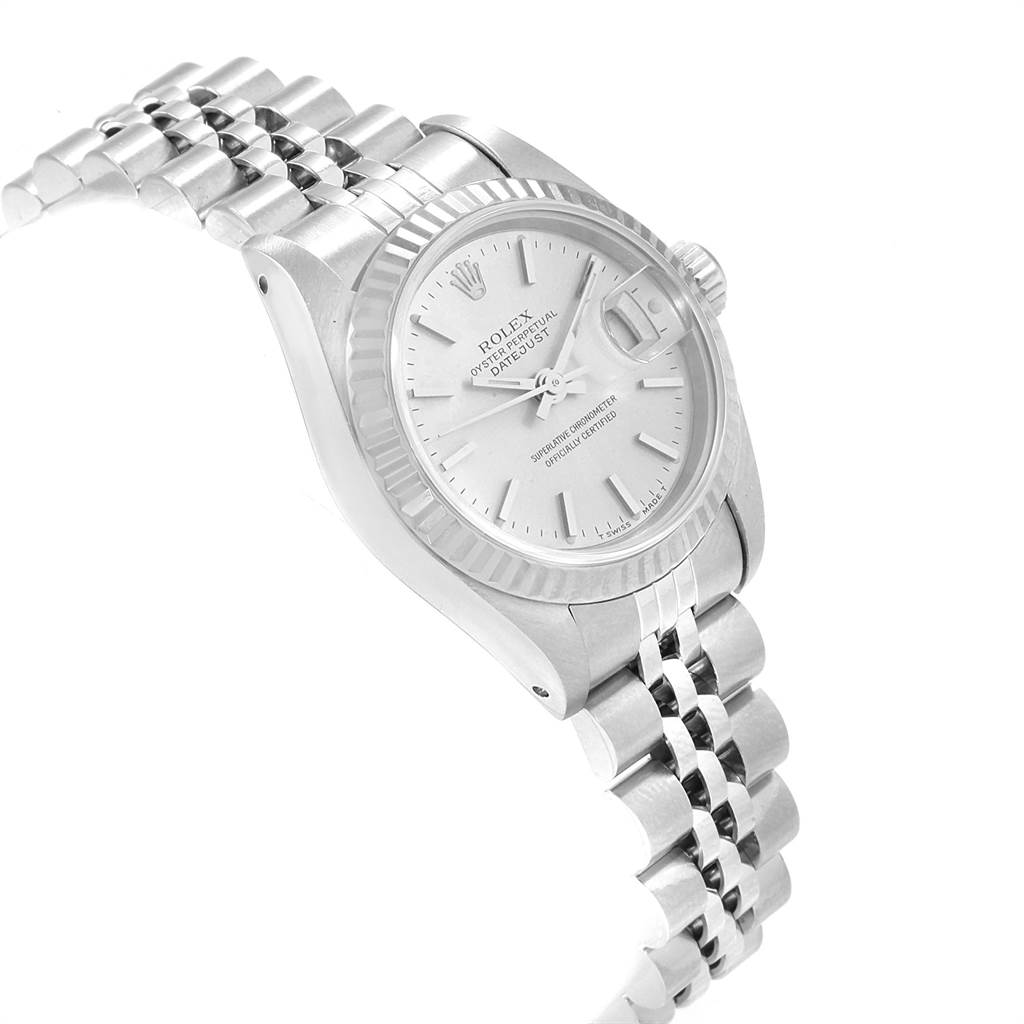 The Rolex Datejust 69174 Women
s Stainless Steel Silver Dial 69174 Women
s Stainless Steel Silver Dial watch is shown at an angled view, highlighting the face, bezel, crown, and part of the bracelet.