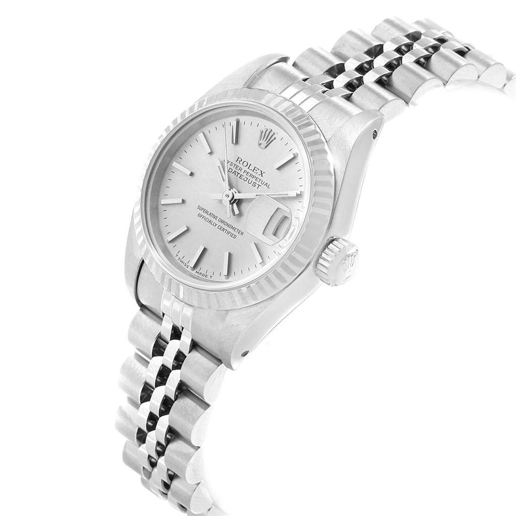 The image shows a Rolex Datejust 69174 Women
s Stainless Steel Silver Dial 69174 Women
s Stainless Steel Silver Dial watch at an angle highlighting the face, crown, and part of the bracelet.