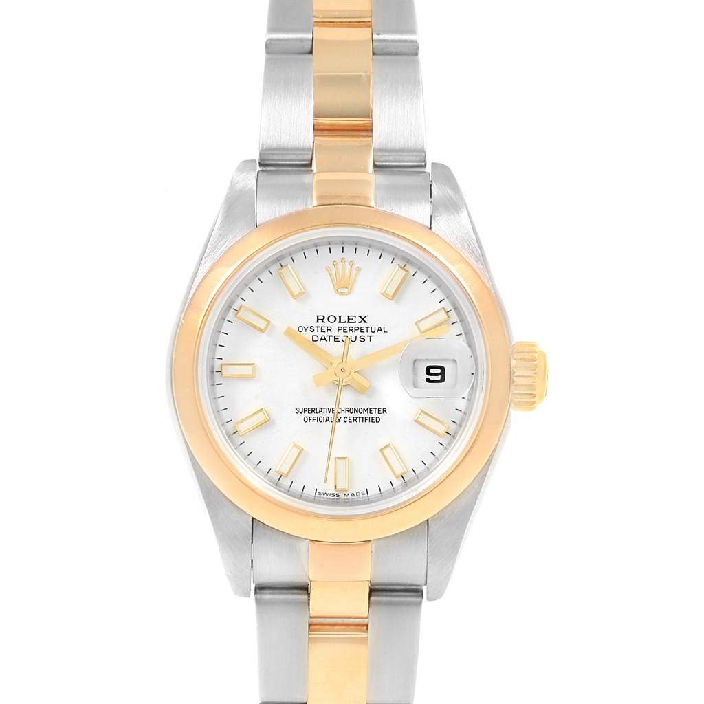 This is a front view of the Rolex Datejust 79163 Women's Steel and Gold (two tone) White Dial 79163 Women's Steel and Gold (two tone) White Dial watch, showing the face, dial, bezel, and bracelet with gold and silver links.