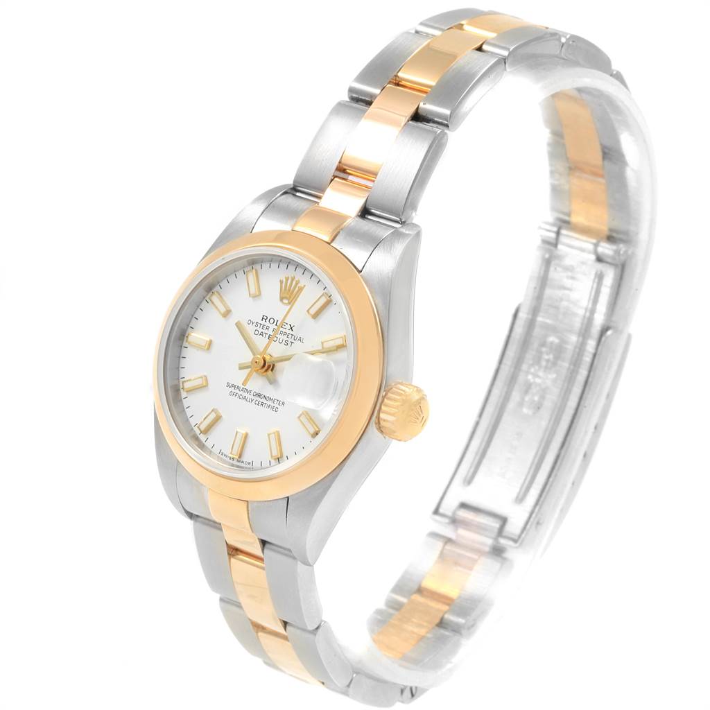 The image shows a Rolex Datejust 79163 Women's Steel and Gold (two tone) White Dial 79163 Women's Steel and Gold (two tone) White Dial watch at an angled side view, highlighting the dial, bezel, crown, and two-tone bracelet.