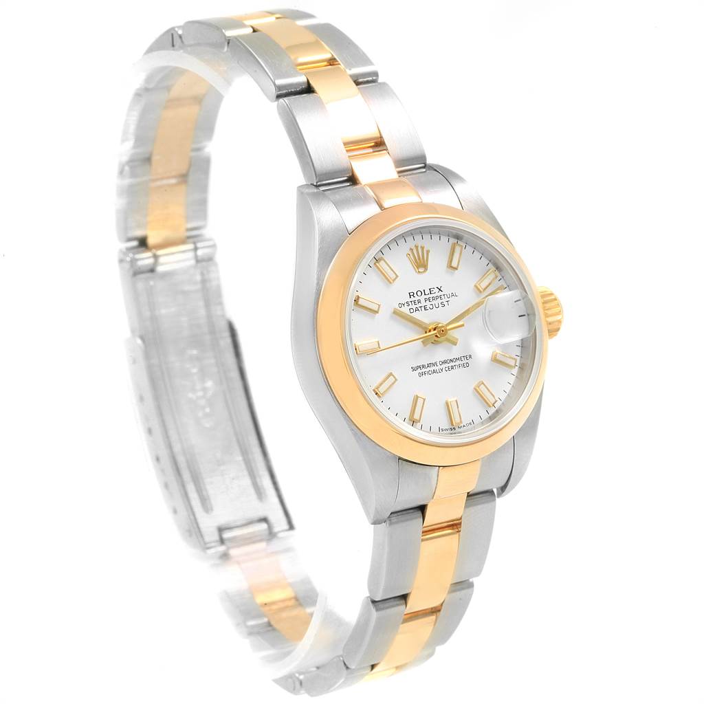 This image shows a Rolex Datejust 79163 Women's Steel and Gold (two tone) White Dial 79163 Women's Steel and Gold (two tone) White Dial watch at a side angle, highlighting its two-tone bracelet, bezel, and dial.