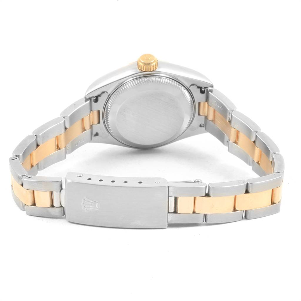 The image shows the back and bracelet of the Rolex Datejust 79163 Women's Steel and Gold (two tone) White Dial 79163 Women's Steel and Gold (two tone) White Dial watch, highlighting its two-tone metal design and clasp.