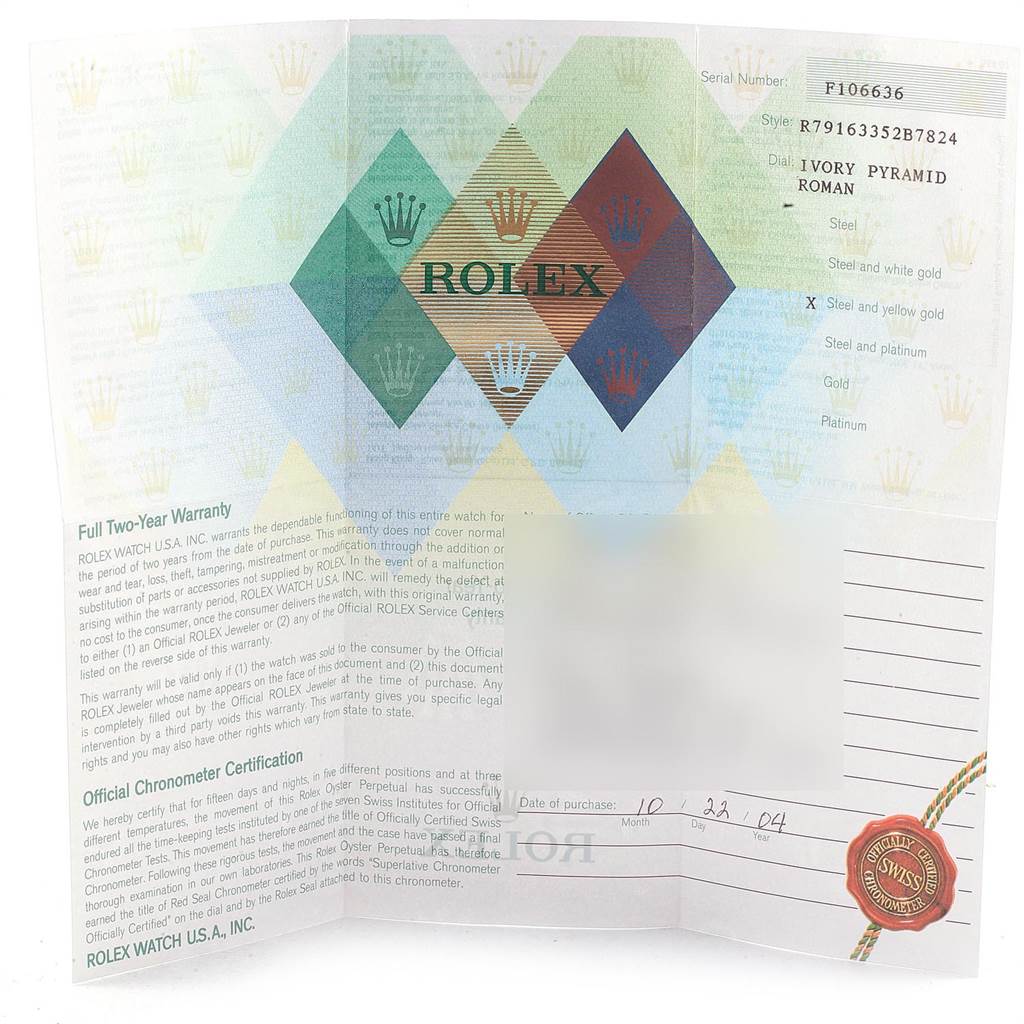 The image shows the warranty card and certification for a Rolex Datejust 79163 Women's Steel and Gold (two tone) White Dial 79163 Women's Steel and Gold (two tone) White Dial watch.