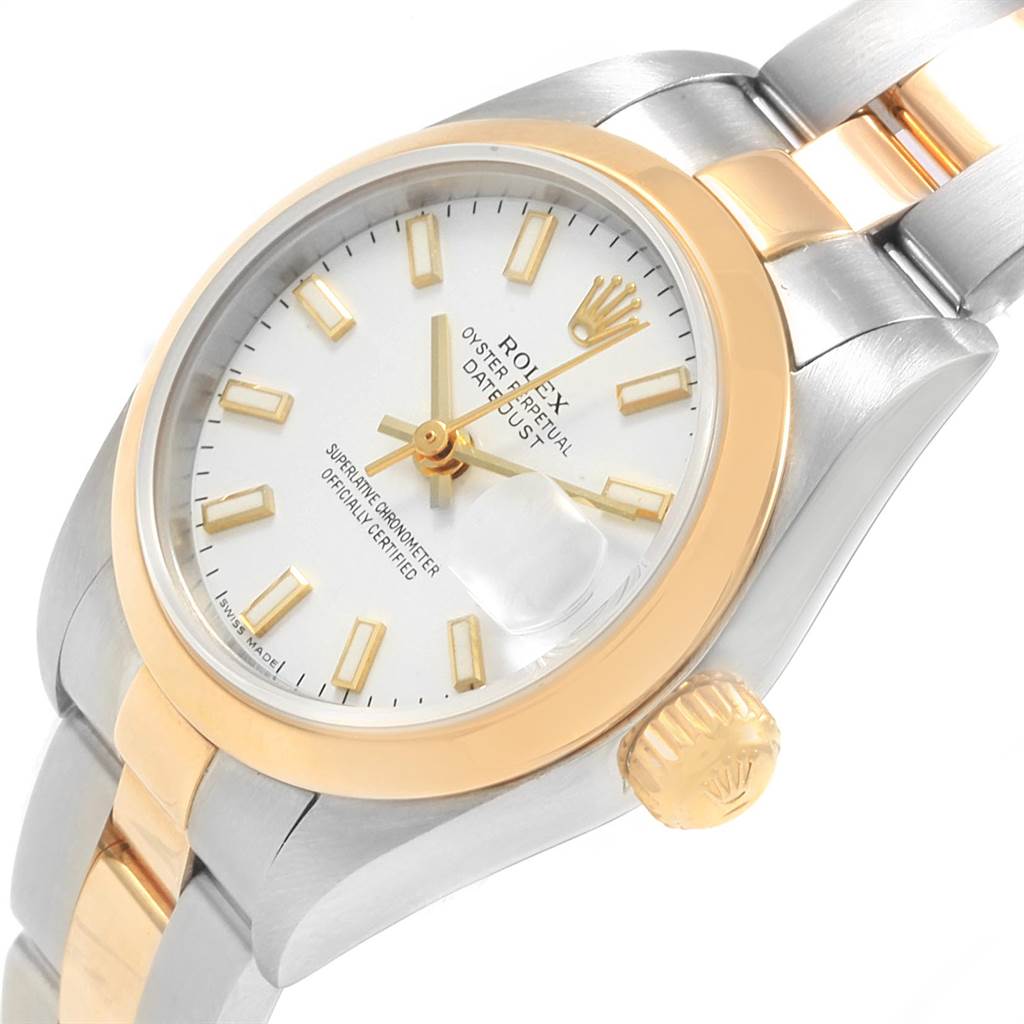 This image shows a detailed angled side view of the Rolex Datejust 79163 Women's Steel and Gold (two tone) White Dial 79163 Women's Steel and Gold (two tone) White Dial watch, highlighting its bezel, crown, dial, and bracelet.