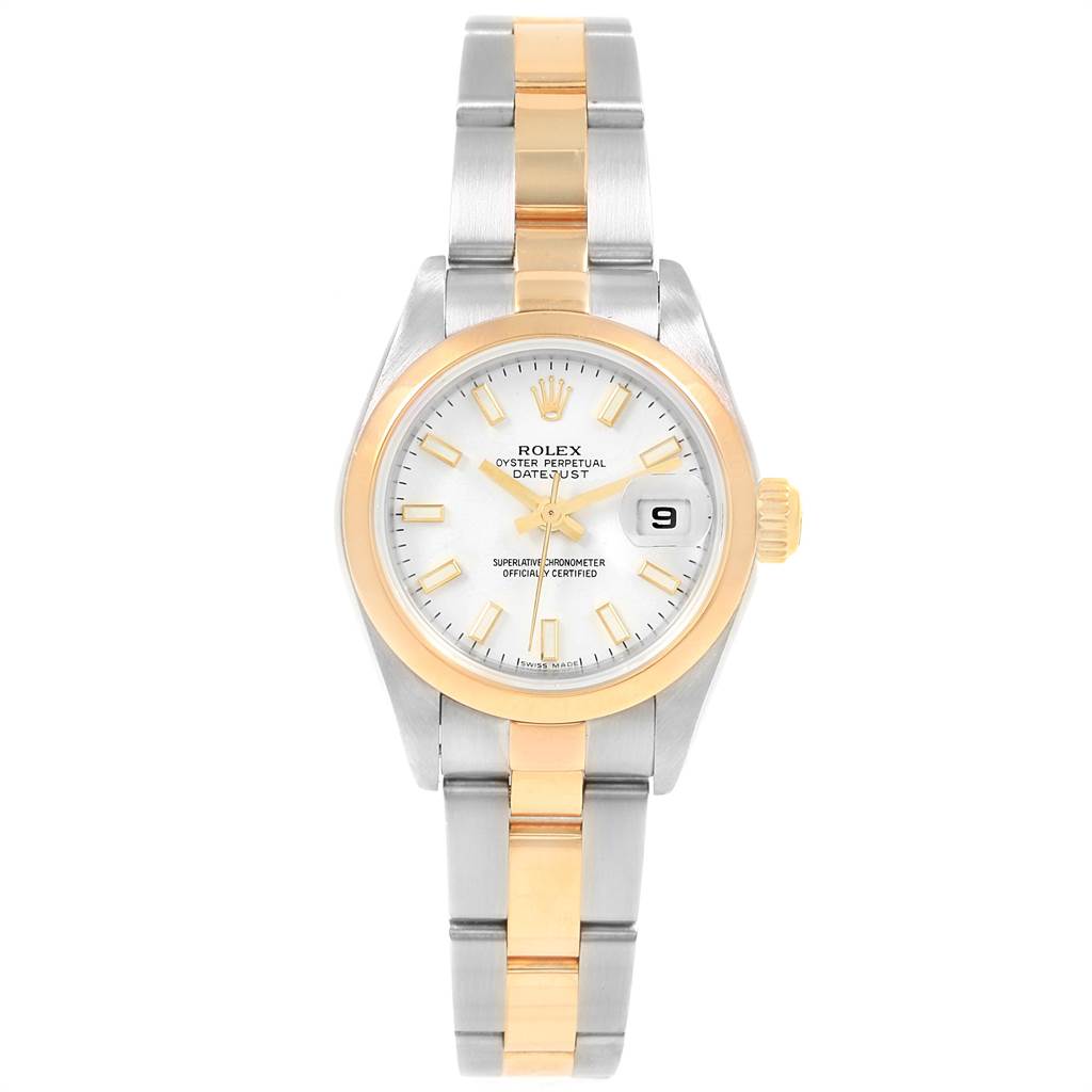 The Rolex Datejust 79163 Women's Steel and Gold (two tone) White Dial 79163 Women's Steel and Gold (two tone) White Dial watch is shown from the front, displaying the dial, bezel, bracelet, and date window.
