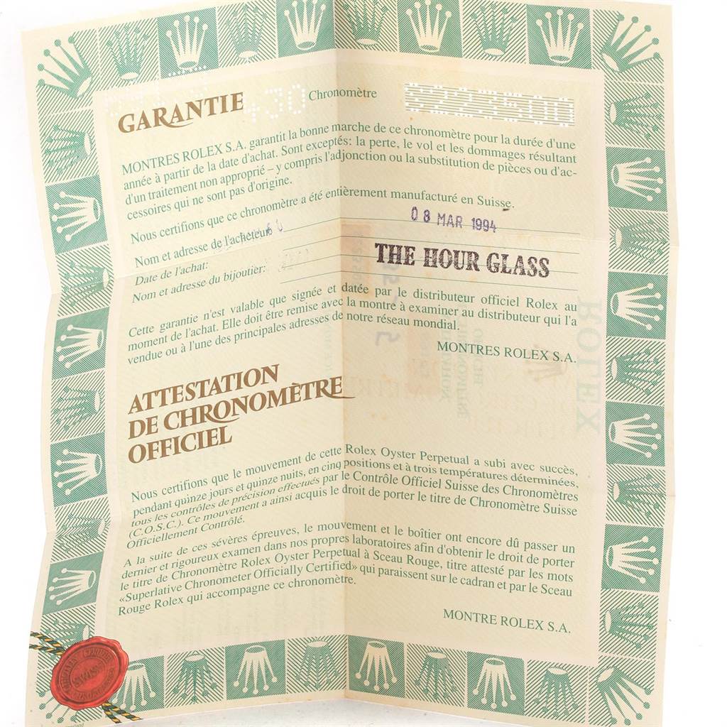 This image shows the warranty and certificate of the Rolex Datejust 69173 Women's Stainless Steel Grey Dial 69173 Women's Stainless Steel Grey Dial watch model.