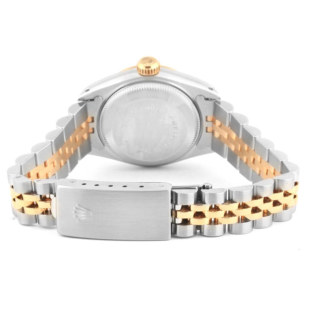 This image shows the back view of a Rolex Datejust 69173 Women's Stainless Steel Grey Dial 69173 Women's Stainless Steel Grey Dial watch, highlighting the case back, two-tone bracelet, and clasp.