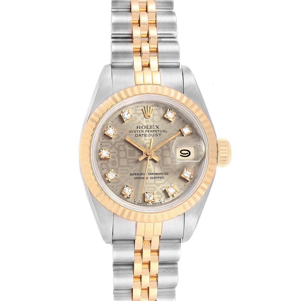 This is a front view of a Rolex Datejust 69173 Women's Stainless Steel Grey Dial 69173 Women's Stainless Steel Grey Dial watch, showing its face, bezel, and two-tone bracelet.