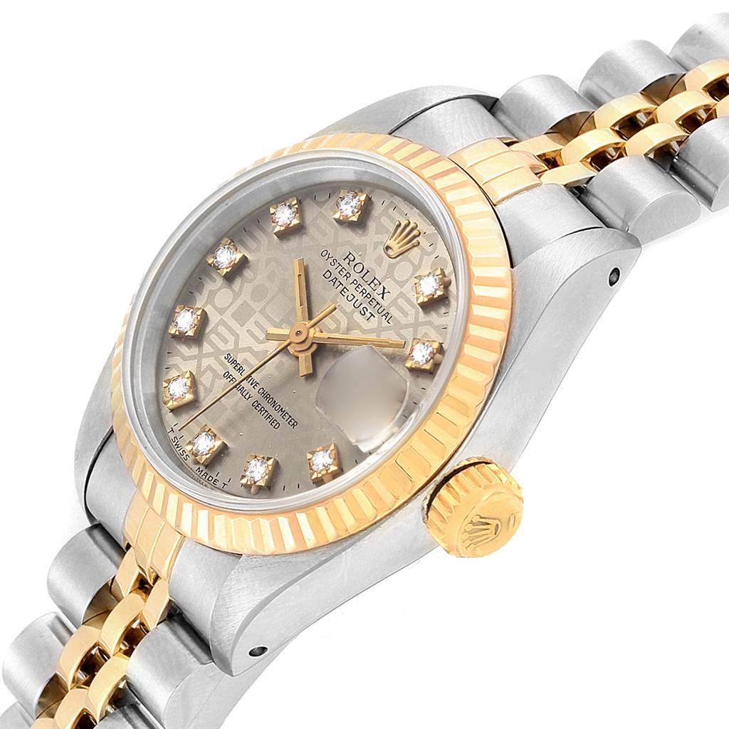 The image shows a close-up, angled view of the Rolex Datejust 69173 Women's Stainless Steel Grey Dial 69173 Women's Stainless Steel Grey Dial watch, highlighting the gold and silver bracelet, bezel, crown, and the dial with diamond hour markers.