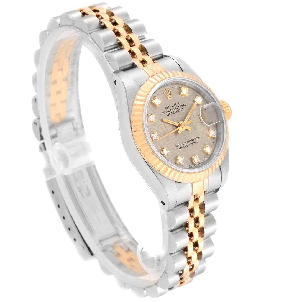 The image shows a Rolex Datejust 69173 Women's Stainless Steel Grey Dial 69173 Women's Stainless Steel Grey Dial watch at a slight angle, highlighting the two-tone bracelet, fluted bezel, and diamond hour markers.