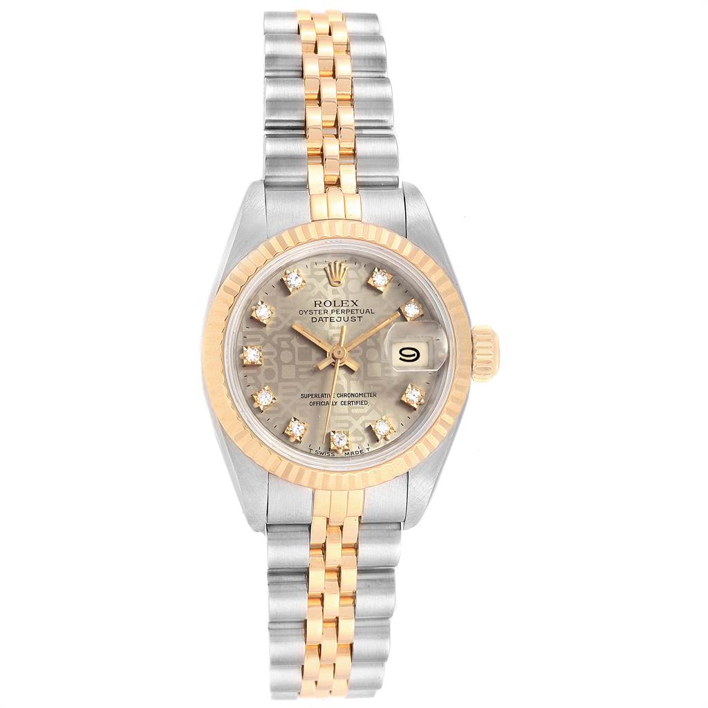 This image shows the front view of a Rolex Datejust 69173 Women's Stainless Steel Grey Dial 69173 Women's Stainless Steel Grey Dial watch, highlighting its gold and silver bracelet, bezel, and dial with a date window.