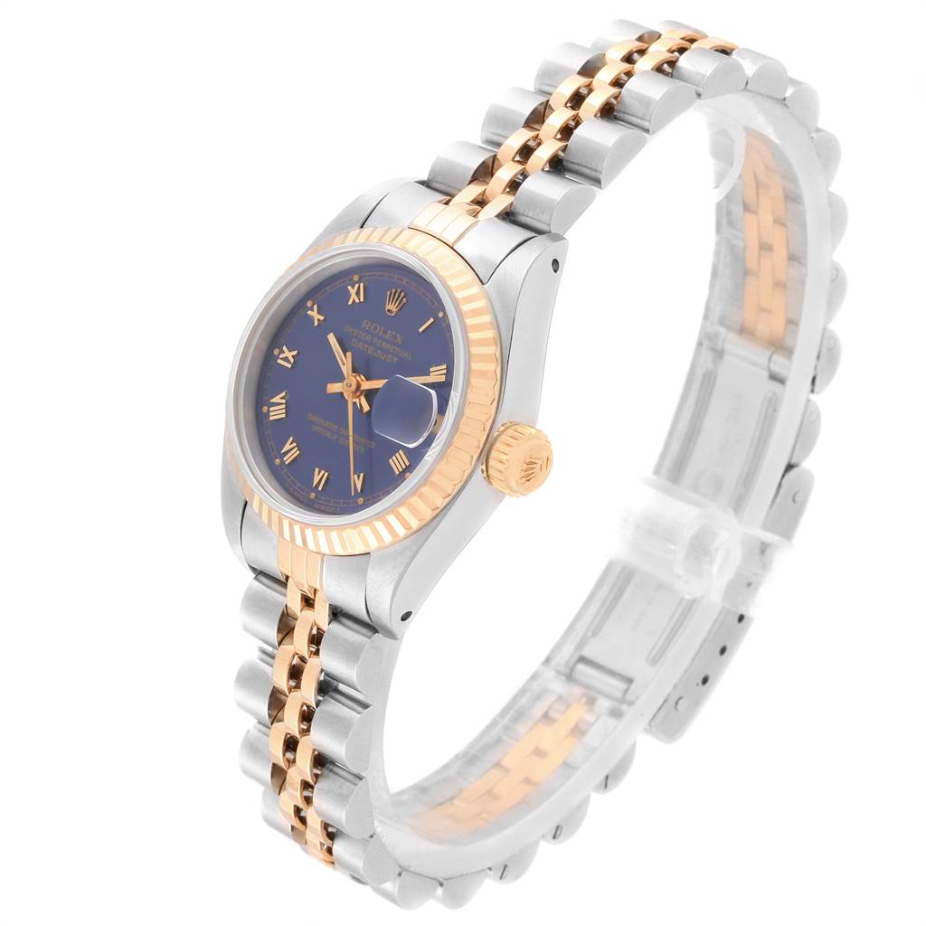 This image shows a Rolex Datejust 69173 Women
s Stainless Steel Blue Dial 69173 Women
s Stainless Steel Blue Dial watch at a slight angle, highlighting the face, crown, case, and two-tone bracelet.